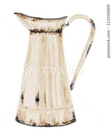 Vintage-style watercolor pitcher with rustic patina 121049809