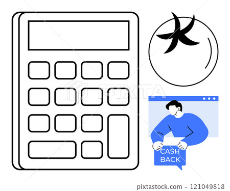 Large calculator, currency icon, person holding cashback sign. Ideal for finance management, savings, online shopping rewards, financial planning, and budgeting. Modern minimalist style 121049818