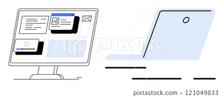 Modern line art style. Two electronic devices. Left computer monitor displaying various windows and apps. Right open laptop. Ideal for tech, productivity, office work, digital tools 121049833