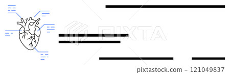 Anatomical diagram of a heart with labeled parts. Ideal for medical education, anatomy studies, cardiology resources, health science visuals, biological teaching aids. Simplistic line art style 121049837