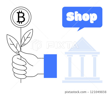 Hand holding a stem with a Bitcoin symbol, next to a shop sign and a bank building. Ideal for finance, cryptocurrency, investment, shopping, and banking. Outline and flat style illustrate these 121049838