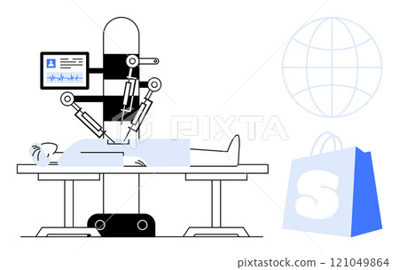 Robot performing surgery on patient with monitor displaying vital signs. Earth globe and shopping bag symbol in the background. Ideal for healthcare technology, robotics, global health, telemedicine 121049864