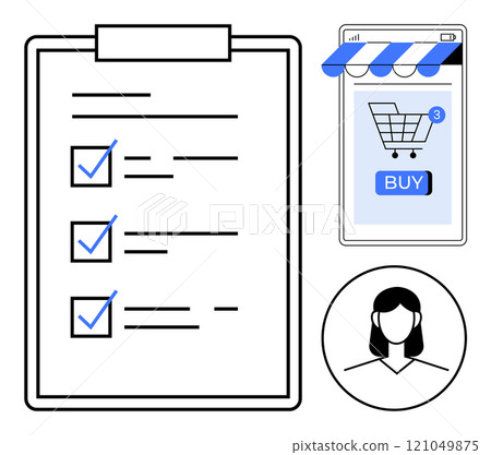 A digital shopping checklist on a clipboard, a smartphone screen with a shopping cart and buy button, and a female profile in black and white sketch style. Ideal for online shopping, task management A digital shopping checklist on a clipboard, a smartphone screen with a shopping cart and buy button, and a female profile in black and white sketch style. Ideal for online shopping, task management 121049875