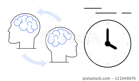 Outlined human heads with brain symbols and arrows imply thought processes or learning progression. A simple clock represents time. Ideal for education, learning, mental health, productivity, time Outlined human heads with brain symbols and arrows imply thought processes or learning progression. A simple clock represents time. Ideal for education, learning, mental health, productivity, time 121049876