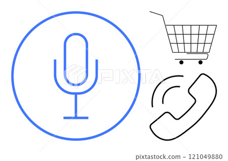 Microphone within circle, shopping cart and phone symbols are shown. Ideal for communication, technology, shopping, retail, and digital assistance themes. Represents modern conveniences in a 121049880