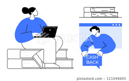 Person working on laptop while sitting on stacked books and another person holding a cash back message. Ideal for education, remote work, online finance, e-commerce, digital marketing. Cartoon style Person working on laptop while sitting on stacked books and another person holding a cash back message. Ideal for education, remote work, online finance, e-commerce, digital marketing. Cartoon style 121049893