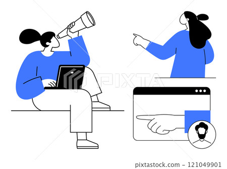 Two people engage in different activities. One uses a telescope while working on a laptop, and the other points forward. Web interface shows a pointing hand and user icon. Ideal for business 121049901