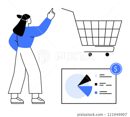 Woman pointing at cart and looking at pie chart. Ideal for retail business, online shopping, e-commerce analysis, sales data visualization and financial planning. Simple vector style. Black blue Woman pointing at cart and looking at pie chart. Ideal for retail business, online shopping, e-commerce analysis, sales data visualization and financial planning. Simple vector style. Black blue 121049907