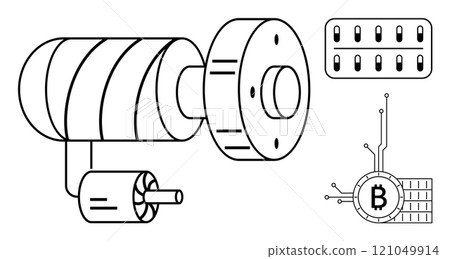 A schematic representation of a mining machine connected to a control panel and a Bitcoin symbol integrated with circuit elements. Ideal for technology, cryptocurrency, blockchain, mining processes A schematic representation of a mining machine connected to a control panel and a Bitcoin symbol integrated with circuit elements. Ideal for technology, cryptocurrency, blockchain, mining processes 121049914