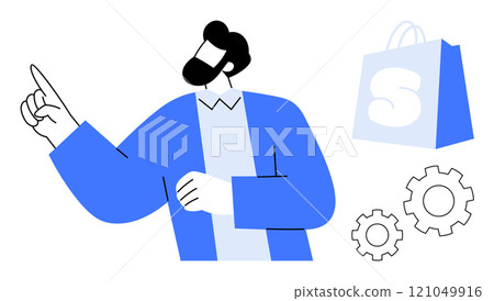 Businessman pointing with finger, blue shopping bag, gray gears. Ideal for business presentations, e-commerce, marketing, online shopping, tech solutions. Modern flat vector style Businessman pointing with finger, blue shopping bag, gray gears. Ideal for business presentations, e-commerce, marketing, online shopping, tech solutions. Modern flat vector style 121049916