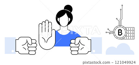 Woman with raised hand stopping two fists representing conflict or disagreement. Bitcoin symbol at the side indicating financial disagreement. Ideal for mediation conflict resolution financial 121049924
