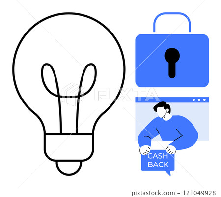 Large light bulb outline representing ideas and innovation blue lock symbolizing security man holding, cashback sign Ideal for technology finance innovation rewards and security themes Simple modern Large light bulb outline representing ideas and innovation blue lock symbolizing security man holding, cashback sign Ideal for technology finance innovation rewards and security themes Simple modern 121049928