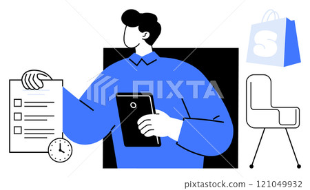 Man holds checklist and tablet with clock nearby shopping bag and chair on side. Ideal for productivity, office, online shopping, time management, business themes. Simple modern style Man holds checklist and tablet with clock nearby shopping bag and chair on side. Ideal for productivity, office, online shopping, time management, business themes. Simple modern style 121049932