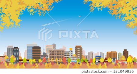 Autumn leaves cityscape illustration. 121049936