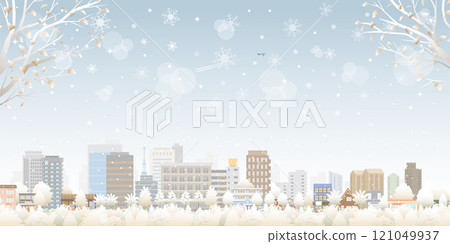 白雪皚皚的城市景觀的插圖。 121049937