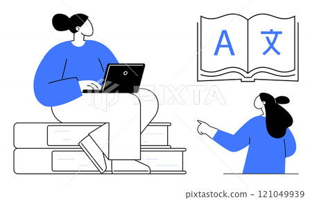 Person using a laptop while sitting on books, another pointing to an open book with letters. Ideal for education, technology, language learning, online courses, personal growth. Simple line, minimal Person using a laptop while sitting on books, another pointing to an open book with letters. Ideal for education, technology, language learning, online courses, personal growth. Simple line, minimal 121049939