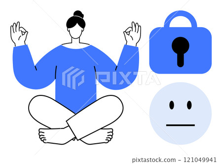 Calm person meditating with hand gestures, security lock symbol, and expressionless face. Ideal for wellness, mindfulness, mental health, security, and emotions. Simple modern style Calm person meditating with hand gestures, security lock symbol, and expressionless face. Ideal for wellness, mindfulness, mental health, security, and emotions. Simple modern style 121049941