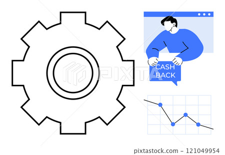 Large gear shape, person holding a cashback message, and a declining graph. Ideal for business, finance, savings, economic trends, and marketing. Modern, minimalist, clean style 121049954