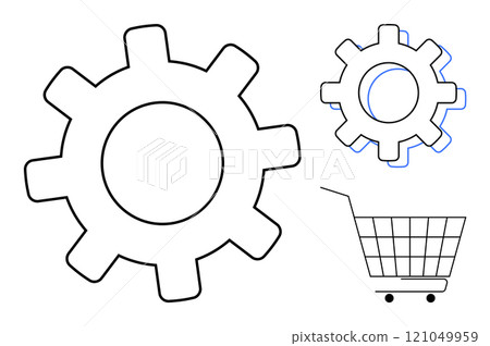 Large gear and smaller gear icons next to a shopping cart symbol. Ideal for e-commerce, automation, online shopping, technology, and business concepts. Simple and modern design style 121049959
