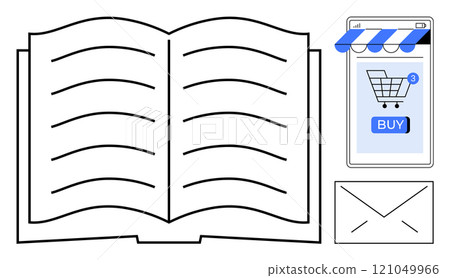Open book with lines representing text, a smartphone with a shopping cart and buy button, and an envelope icon. Ideal for online shopping, e-books, digital marketing, e-commerce, online learning 121049966