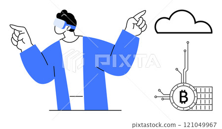 A person wearing virtual reality glasses points towards a cloud and a Bitcoin symbol connected by circuits. Ideal for blockchain, cryptocurrency, cloud computing, technology, and innovation themes 121049967
