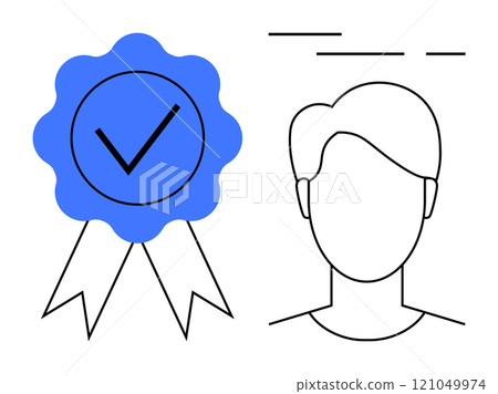 A blue approval badge with a check mark next to the outline of a persons head and shoulders. Ideal for certification, profile verification, identification, approval process, user authenticity. Simple 121049974