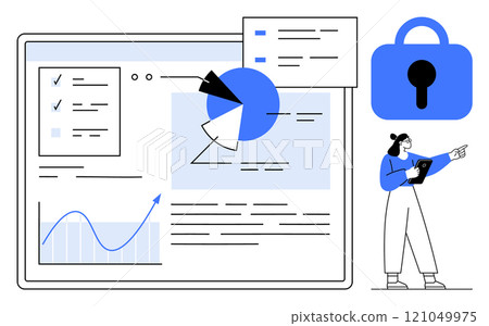 A person pointing at a digital dashboard with charts and documents alongside a large padlock icon. Ideal for data security, analytics, information protection, technology, and business presentations A person pointing at a digital dashboard with charts and documents alongside a large padlock icon. Ideal for data security, analytics, information protection, technology, and business presentations 121049975