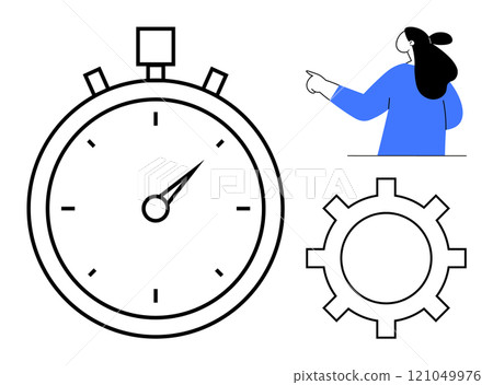 Large stopwatch, cogwheel and woman pointing demonstrate time management, productivity and workflow processes. Ideal for business, project management, productivity tools, efficiency, and work Large stopwatch, cogwheel and woman pointing demonstrate time management, productivity and workflow processes. Ideal for business, project management, productivity tools, efficiency, and work 121049976