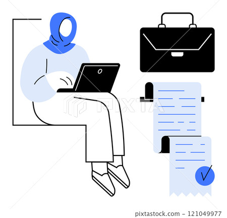 A woman in a hijab using a laptop is sitting next to a briefcase and some documents. Ideal for remote work, business, office tasks, productivity, and lifestyle themes. Simple vector design in blue A woman in a hijab using a laptop is sitting next to a briefcase and some documents. Ideal for remote work, business, office tasks, productivity, and lifestyle themes. Simple vector design in blue 121049977