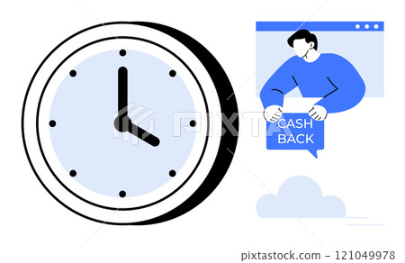 Large circular clock with black hands white background and numbers man in blue holding cash, back sign inside browser window Ideal for time management financial savings promotions advertisements Large circular clock with black hands white background and numbers man in blue holding cash, back sign inside browser window Ideal for time management financial savings promotions advertisements 121049978