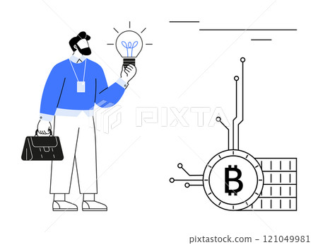 A businessman holding a lightbulb with a Bitcoin symbol nearby. The themes include cryptocurrency, innovation, business ideas, technology, and modern finance. Ideal for blockchain, digital currency A businessman holding a lightbulb with a Bitcoin symbol nearby. The themes include cryptocurrency, innovation, business ideas, technology, and modern finance. Ideal for blockchain, digital currency 121049981