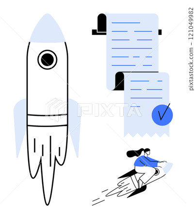Rocket launching with document checklist featuring checkmark and person riding a rocket. Ideal for startup success innovation productivity business goals achievement. Simple clean vector style 121049982