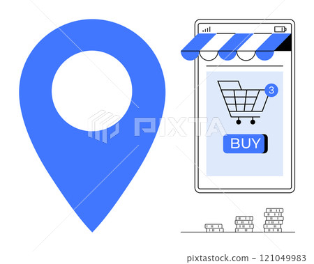 A large blue location pin beside a smartphone screen with a shopping cart icon and a buy button. Three coins appear below. Ideal for e-commerce, mobile purchasing, online shopping, delivery services 121049983