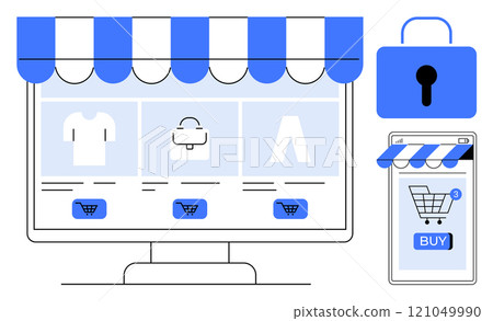 Computer screen and mobile phone with shopping interface, featuring clothing items and a lock icon for security. Ideal for online shopping, e-commerce, cybersecurity, digital marketplace, retail Computer screen and mobile phone with shopping interface, featuring clothing items and a lock icon for security. Ideal for online shopping, e-commerce, cybersecurity, digital marketplace, retail 121049990