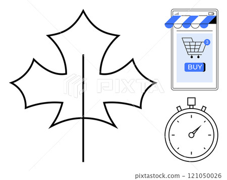 Large outline of a leaf, a smartphone with a blue striped cover showing an online shopping cart and buy button, and a stopwatch. Ideal for online shopping, e-commerce, time management, digital Large outline of a leaf, a smartphone with a blue striped cover showing an online shopping cart and buy button, and a stopwatch. Ideal for online shopping, e-commerce, time management, digital 121050026