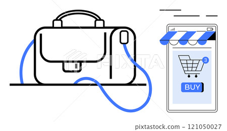 Handbag connected to a smartphone app displaying a shopping cart and buy button. Ideal for e-commerce, online retail, shopping convenience, fashion sales, digital marketing. Modern, clean design Handbag connected to a smartphone app displaying a shopping cart and buy button. Ideal for e-commerce, online retail, shopping convenience, fashion sales, digital marketing. Modern, clean design 121050027