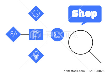 Central document icon connected to clock people gear and lightbulb icons with shop speech, bubble and magnifying glass Ideal for business process optimization efficiency customer service product Central document icon connected to clock people gear and lightbulb icons with shop speech, bubble and magnifying glass Ideal for business process optimization efficiency customer service product 121050028