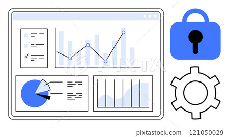Vector art shows a data analytics dashboard with line and pie charts. Beside it are a blue lock and a gear icon. Ideal for analytics, data visualization, cybersecurity, software settings, business 121050029
