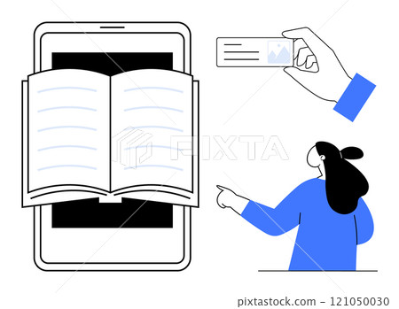 Open book on a tablet screen with a hand holding an ID card and person pointing. Ideal for digital learning, identification processes, e-books, online education, and technology. Clean line art Open book on a tablet screen with a hand holding an ID card and person pointing. Ideal for digital learning, identification processes, e-books, online education, and technology. Clean line art 121050030