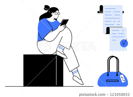 A person sits with a smartphone. A shopping bag and receipt are nearby. Ideal for online shopping, e-commerce, budgeting, financial management, modern technology. Minimalist vector style A person sits with a smartphone. A shopping bag and receipt are nearby. Ideal for online shopping, e-commerce, budgeting, financial management, modern technology. Minimalist vector style 121050031