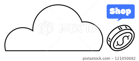 Cloud shape with coin and shop text in speech bubble appears in minimalistic style. Ideal for e-commerce, online shopping, cloud computing, digital marketing, and financial applications Cloud shape with coin and shop text in speech bubble appears in minimalistic style. Ideal for e-commerce, online shopping, cloud computing, digital marketing, and financial applications 121050082