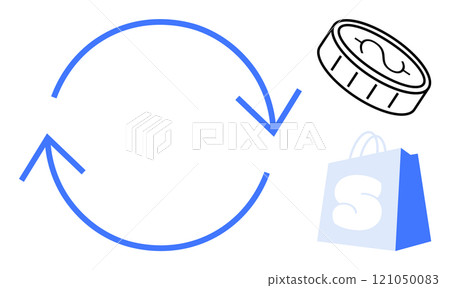 Circular arrows rotate around a coin and a shopping bag, indicating a trade or transaction process. Ideal for business, e-commerce, finance, transaction flow, and exchange concepts. Simple vector Circular arrows rotate around a coin and a shopping bag, indicating a trade or transaction process. Ideal for business, e-commerce, finance, transaction flow, and exchange concepts. Simple vector 121050083