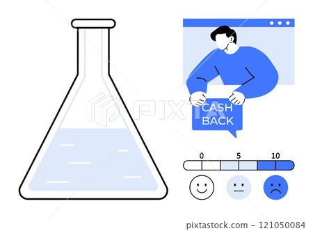 A person holding a Cash Back sign is next to a large beaker and a satisfaction scale with three different emoticons. Ideal for customer satisfaction, rewards programs, online shopping, scientific A person holding a Cash Back sign is next to a large beaker and a satisfaction scale with three different emoticons. Ideal for customer satisfaction, rewards programs, online shopping, scientific 121050084