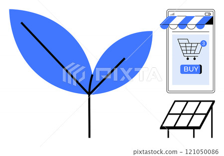 Large blue leaf and seedling on left. Online shopping cart with notification and buy button on top right. Solar panel below shopping cart. Ideal for sustainability, eco-friendly, renewable energy 121050086