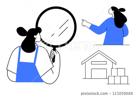 Person holds a magnifying glass, another person pointing, and a warehouse with boxes. Ideal for logistics, inspection, warehousing, supply chain, inventory. Contemporary, clean lines, minimalist Person holds a magnifying glass, another person pointing, and a warehouse with boxes. Ideal for logistics, inspection, warehousing, supply chain, inventory. Contemporary, clean lines, minimalist 121050088