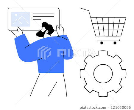 Man holding a digital card with two icons a shopping cart and a gear. Ideal for e-commerce, technology, online shopping, digital marketing, and user management themes. Clean minimal style Man holding a digital card with two icons a shopping cart and a gear. Ideal for e-commerce, technology, online shopping, digital marketing, and user management themes. Clean minimal style 121050096
