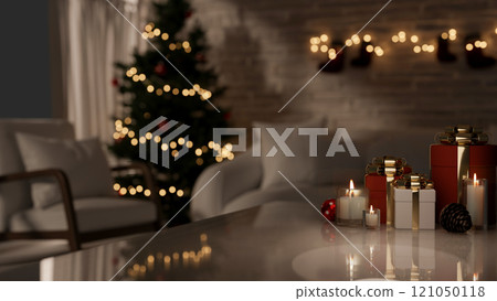 An elegance coffee table in a cozy, warm living room in a Christmas night. 121050118