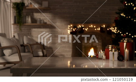 A coffee table in a cozy living room, illuminated by a glowing Christmas tree and a fireplace. A coffee table in a cozy living room, illuminated by a glowing Christmas tree and a fireplace. 121050119