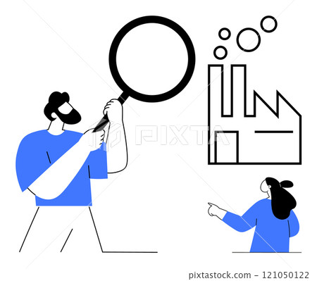 A man holding a magnifying glass examines a factory while a woman points towards it. Ideal for industrial inspection, quality control, collaboration, analysis, and teamwork. Simple and modern style 121050122