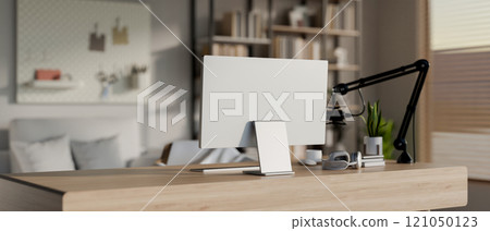 A modern, minimalist radio podcast office featuring a computer, a microphone, and decor. A modern, minimalist radio podcast office featuring a computer, a microphone, and decor. 121050123